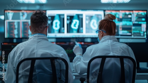 Healthcare professionals analyze medical data on screens in a modern laboratory setting, focusing on patient diagnostics.