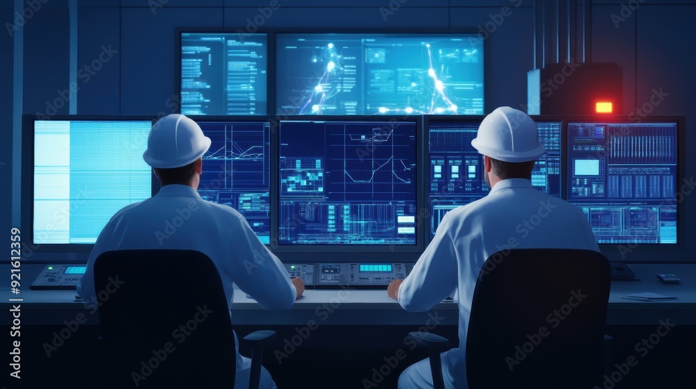 Aerospace engineers in a control room monitor satellite production, focusing on industry advancements and supply chain management. Aerospace engineers in a control room monitor satellite production, focusing on industry advancements and supply chain management.