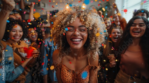 Young women celebrate with confetti in a lively indoor setting at a joyful gathering during the evening