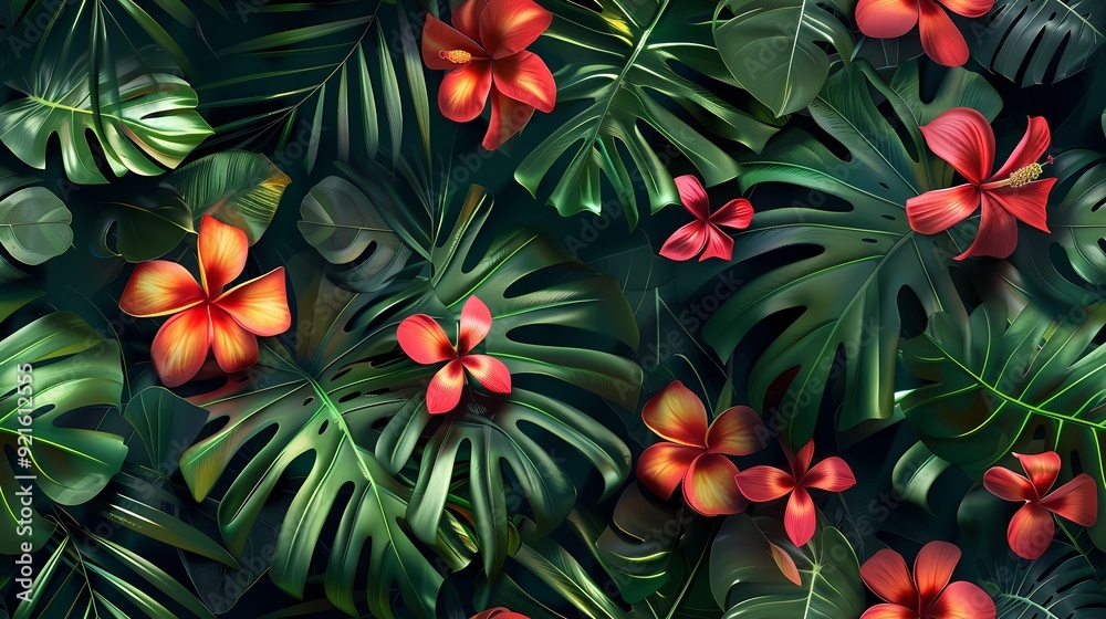 Naklejka premium Lush Tropical Foliage with Vibrant Red Flowers.