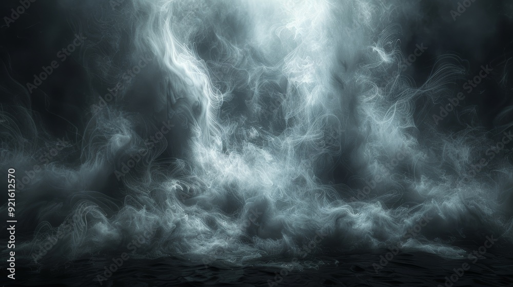 Ethereal mist rising from water at night creates a surreal atmosphere in a tranquil setting Ethereal mist rising from water at night creates a surreal atmosphere in a tranquil setting