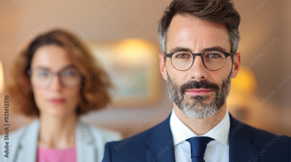 Professional man with glasses in front of a confident woman, showcasing teamwork and business collaboration in a modern office setting. Professional man with glasses in front of a confident woman, showcasing teamwork and business collaboration in a modern office setting.