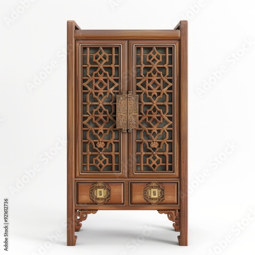 3D Render, Low Poly style of a Chinese Ming dynasty wooden cabinet, on isolated white background
