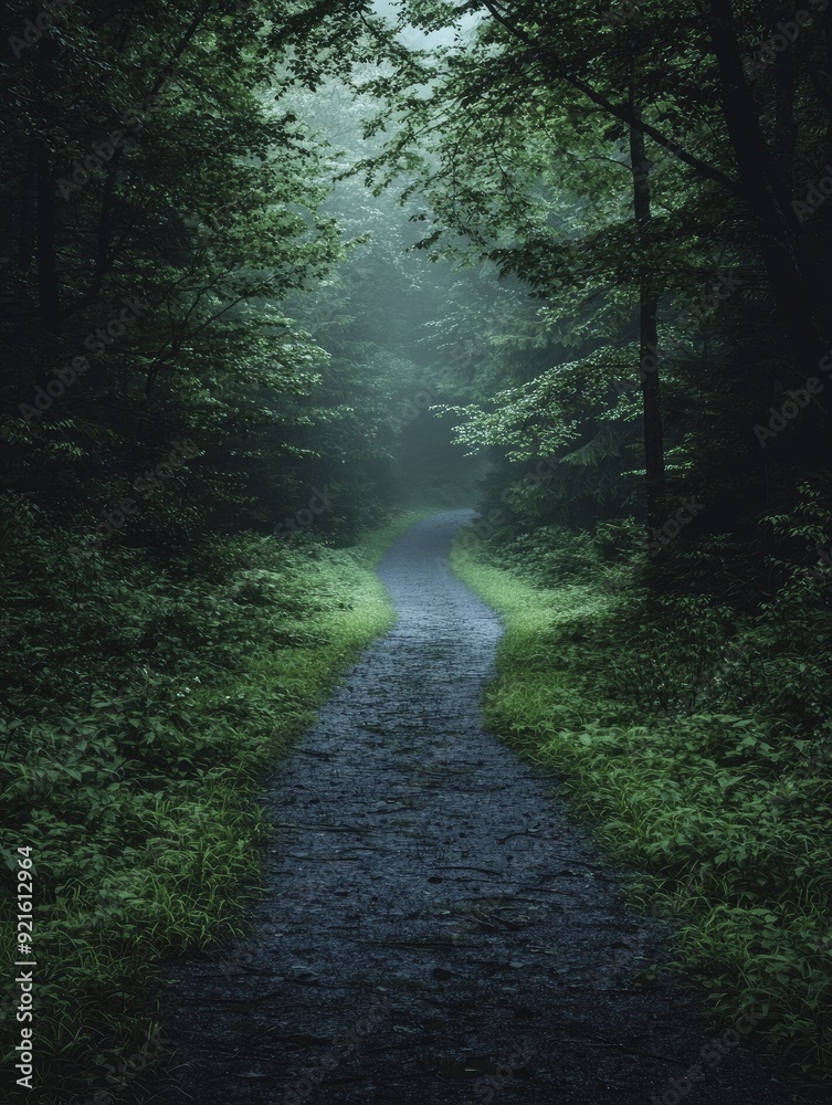 Obraz premium Dreamy depiction of a misty path winding through an ancient forest, where the air is filled with the promise of magical encounters.
