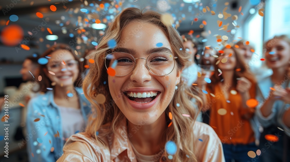 Celebratory moment captured with friends indoors during a party, filled with laughter and colorful confetti falling in the background Celebratory moment captured with friends indoors during a party, filled with laughter and colorful confetti falling in the background