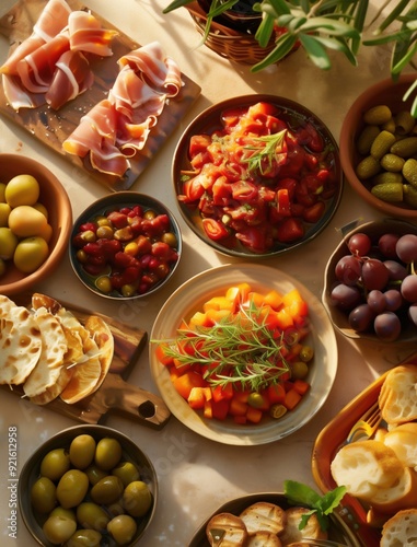 Assorted tapas on rustic wooden board with light background and natural sunlight