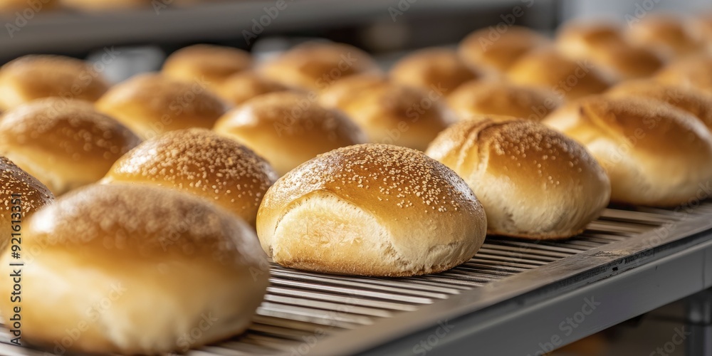 Eye-catching display of freshly baked buns moving along conveyor belts in a busy contemporary bakery setting Eye-catching display of freshly baked buns moving along conveyor belts in a busy contemporary bakery setting