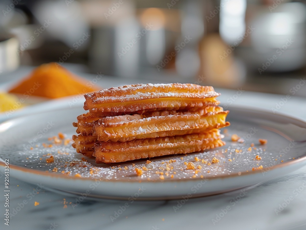 Close up photo of churros with powdered sugar in a luxury restaurant Close up photo of churros with powdered sugar in a luxury restaurant
