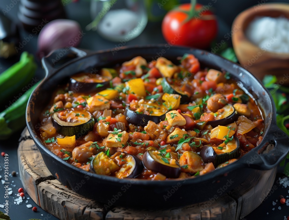 Hearty Mediterranean pisto with eggplant and zucchini, traditional Spanish cuisine Hearty Mediterranean pisto with eggplant and zucchini, traditional Spanish cuisine