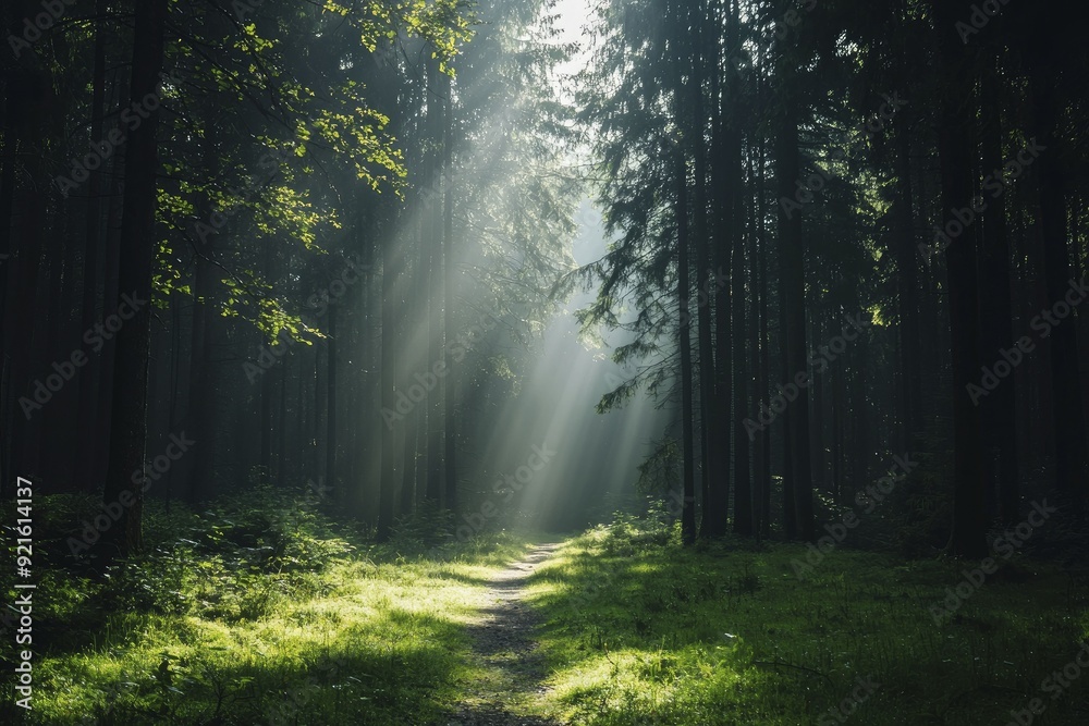 Fototapeta premium Misty morning in a serene forest where sunbeams filter through the branches, illuminating the path ahead with magical energy