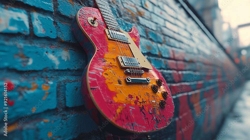Naklejka premium Urban Symphony: A vibrant, paint-splattered electric guitar leans against a colorful brick wall, embodying the raw energy and rebellious spirit of rock music.