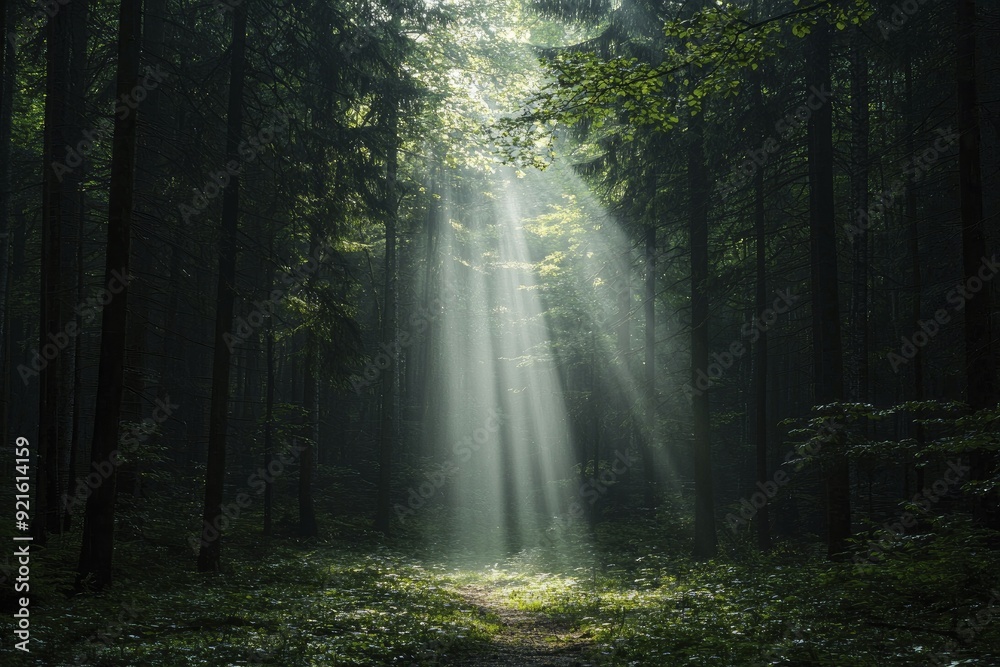 Fototapeta premium A misty morning in a tranquil forest where sunlight weaves through the trees, casting a glow on the trail ahead, filling the air with an enchanting aura.