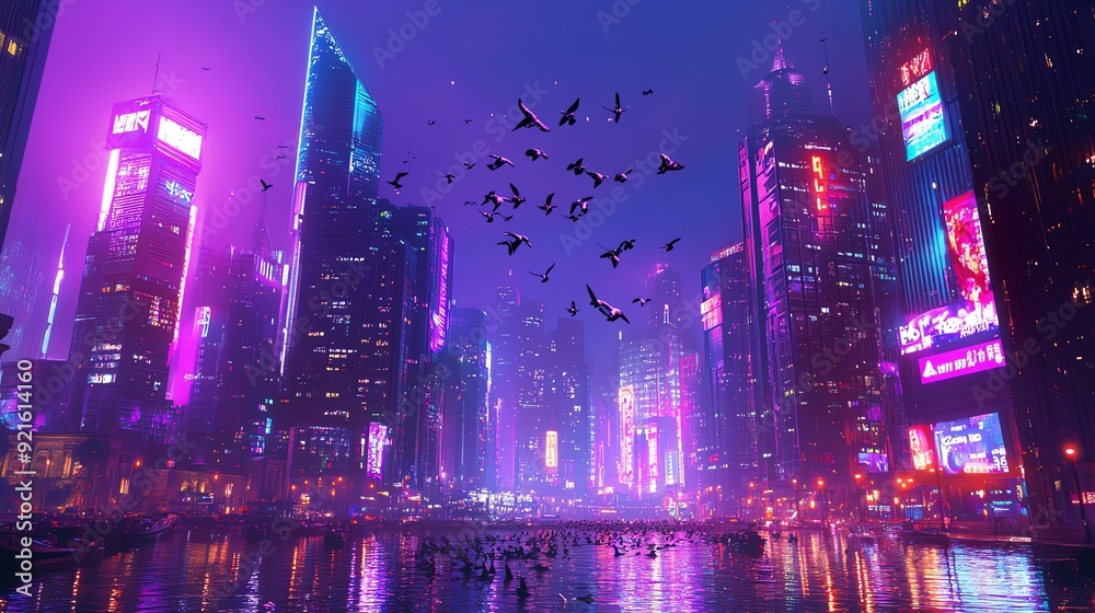 Obraz premium Futuristic neon cityscape at night with glowing skyscrapers, flying birds, and vibrant lights reflected in the water.