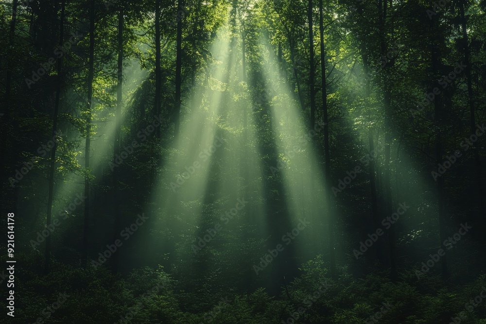 Fototapeta premium Misty morning in a serene forest where sunbeams filter through the branches, casting a luminous glow that invites wanderers to explore the enchanted trails ahead.