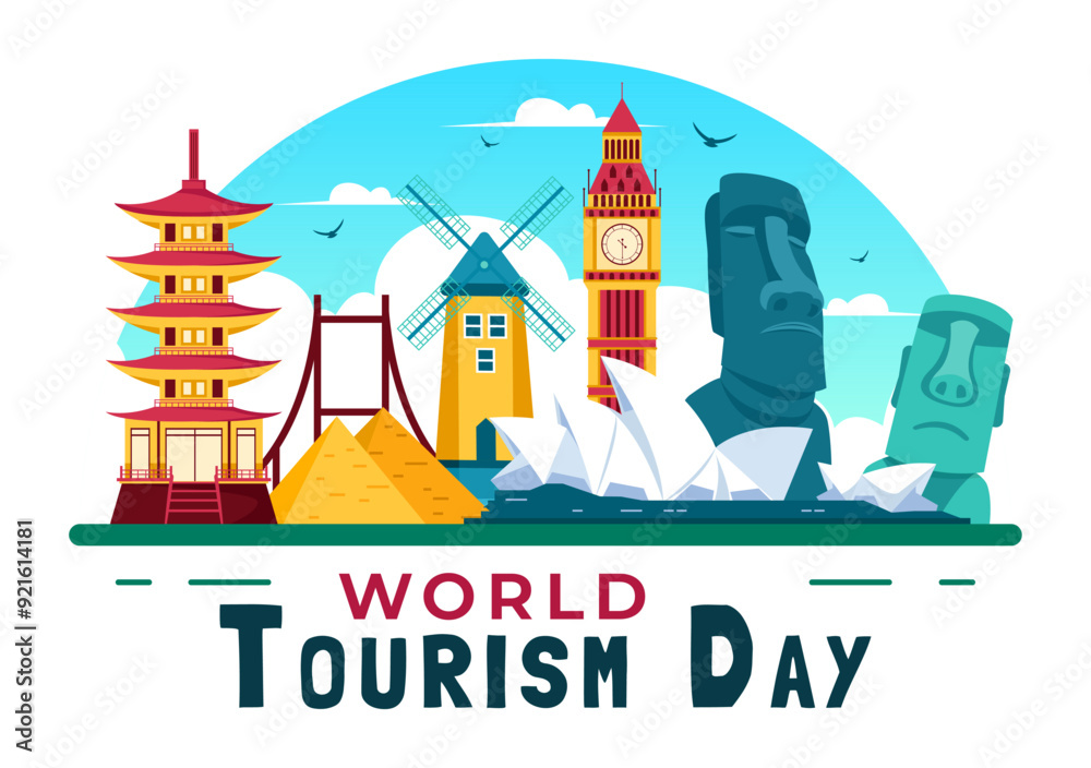 World Tourism Day Vector Illustration featuring a Globe and Famous Landmarks, Architectural Monuments, and National Statues in a Cartoon Background World Tourism Day Vector Illustration featuring a Globe and Famous Landmarks, Architectural Monuments, and National Statues in a Cartoon Background
