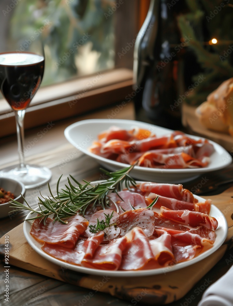 Gourmet Jamon Iberico with bread and tomatoes on rustic wooden table Gourmet Jamon Iberico with bread and tomatoes on rustic wooden table