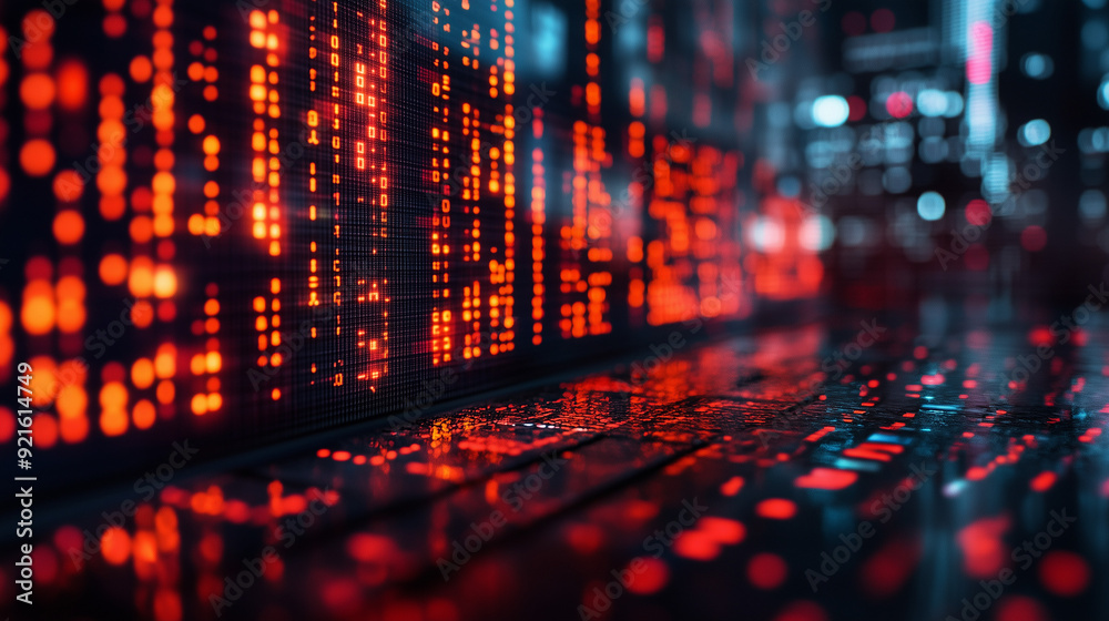 Digital Data Flow: Abstract and mesmerizing, a close-up shot of a glowing LED screen displaying a dynamic flow of red and orange data, creating a sense of movement and dynamism, perfect for technology