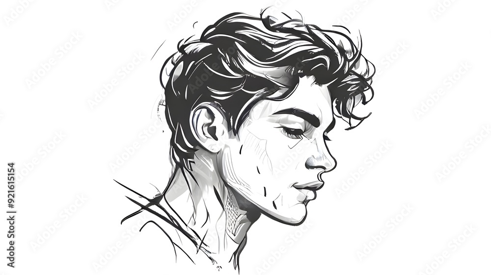 Elegant male portrait illustration in black and white, featuring intricate facial features and stylish hair on a white background