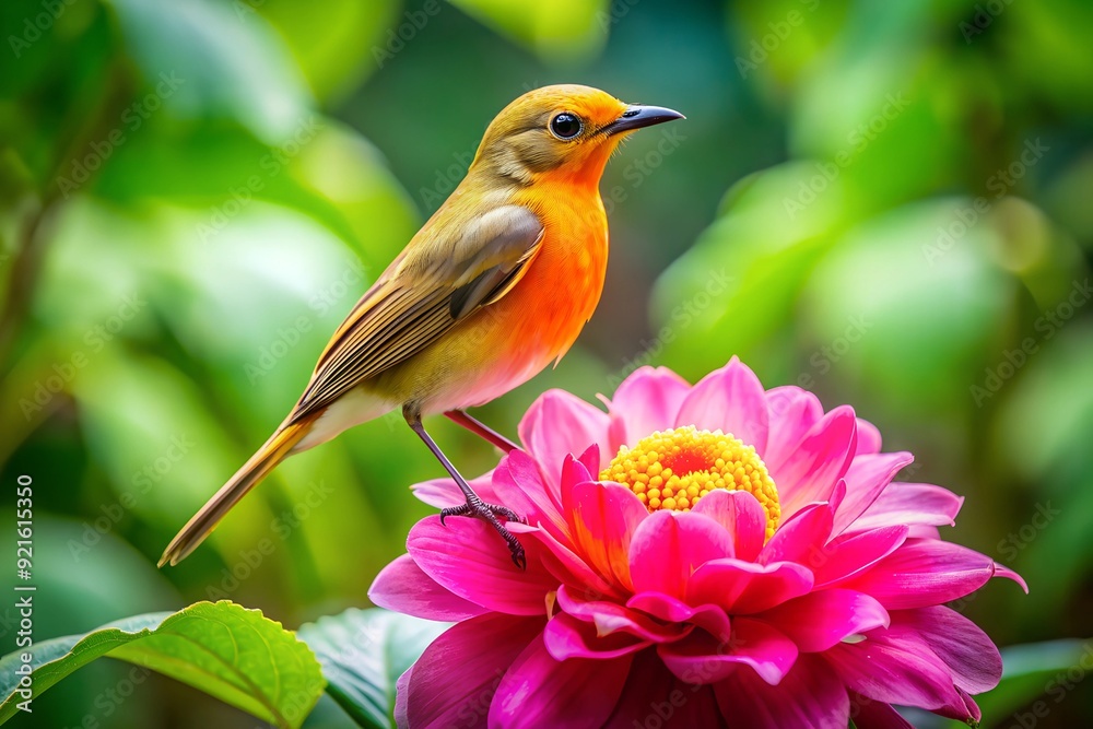 Fototapeta premium A vibrant orange bird perched delicately on an flower, 