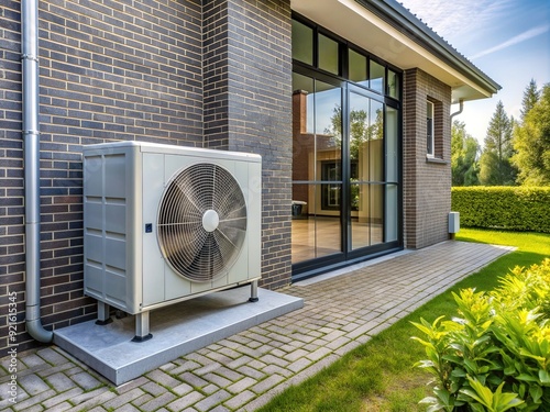 Modern outdoor air source heat pump unit installed at a residential home in the Netherlands, providing energy-efficient heating and cooling while supporting the green energy transition.