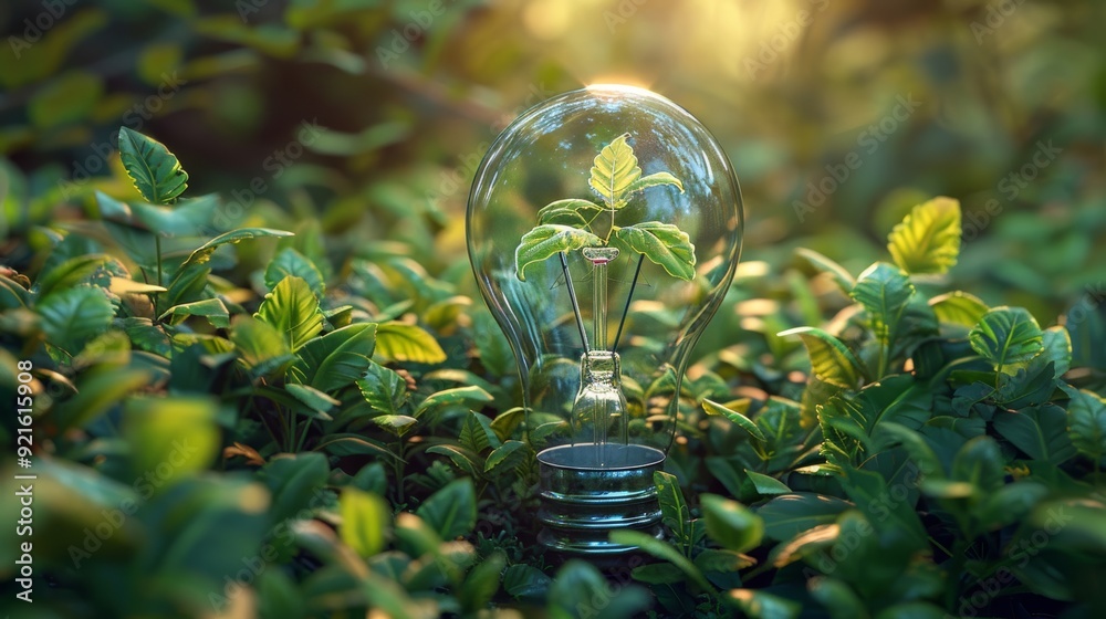 A light bulb with a growing plant inside set amidst lush green foliage in a serene natural environment at sunset A light bulb with a growing plant inside set amidst lush green foliage in a serene natural environment at sunset