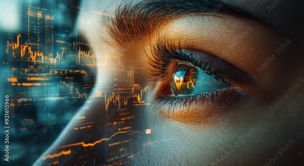 A double exposure of an eye and stock market charts, symbolizing the concept of gaze in trading, with cityscape background. A double exposure of an eye and stock market charts, symbolizing the concept of gaze in trading, with cityscape background.