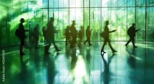 A dynamic shot of businesspeople walking through an office building with green walls, creating motion blur and emphasizing the energetic atmosphere within their work environment.