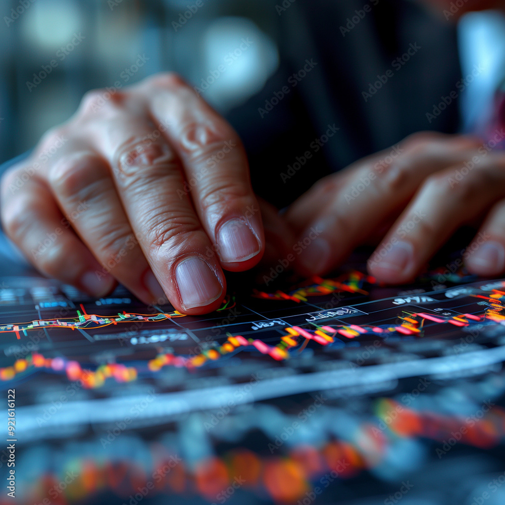 Fototapeta premium Analyzing the Market: A close-up shot of a businessman's hands meticulously analyzing a financial chart, representing the intricate world of stock trading and market analysis. The focused expression a