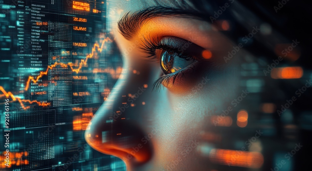 Double exposure of digital identity, close up eye looking at stock market chart with cityscape background, silhouette photography Double exposure of digital identity, close up eye looking at stock market chart with cityscape background, silhouette photography