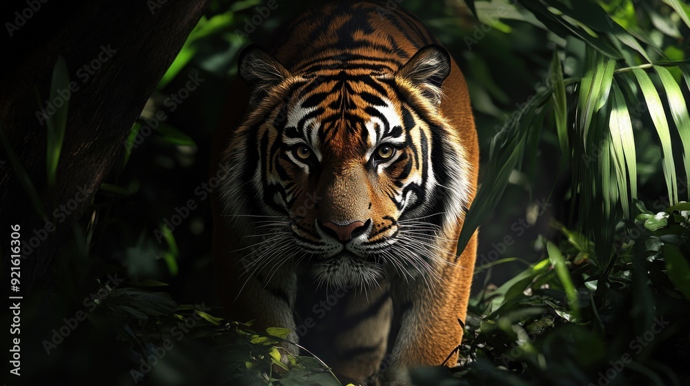 Close-up of a Tiger's Face in Lush Foliage Close-up of a Tiger's Face in Lush Foliage