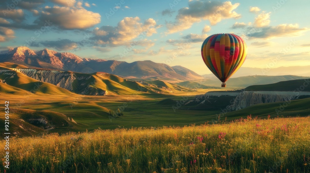 Fototapeta premium air balloon flying in the amazing grasslands and mountains
