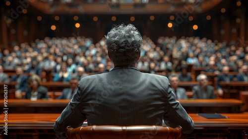 Speaker addressing a large audience in a governmental chamber during a legislative session