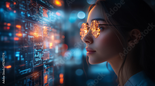 Cyberpunk Hacker: A young woman in futuristic glasses gazes intently at a screen filled with glowing digital data, radiating an aura of intelligence and determination. The image evokes a sense of myst