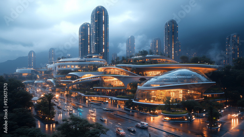 Wallpaper Mural Futuristic Cityscape: A mesmerizing digital art scene depicting a futuristic city bathed in the ethereal glow of a stormy twilight, showcasing towering skyscrapers, sleek architecture, and a bustling  Torontodigital.ca