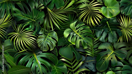 Wallpaper Mural Lush tropical leaves, vibrant green foliage, dense jungle, exotic plant texture. Torontodigital.ca