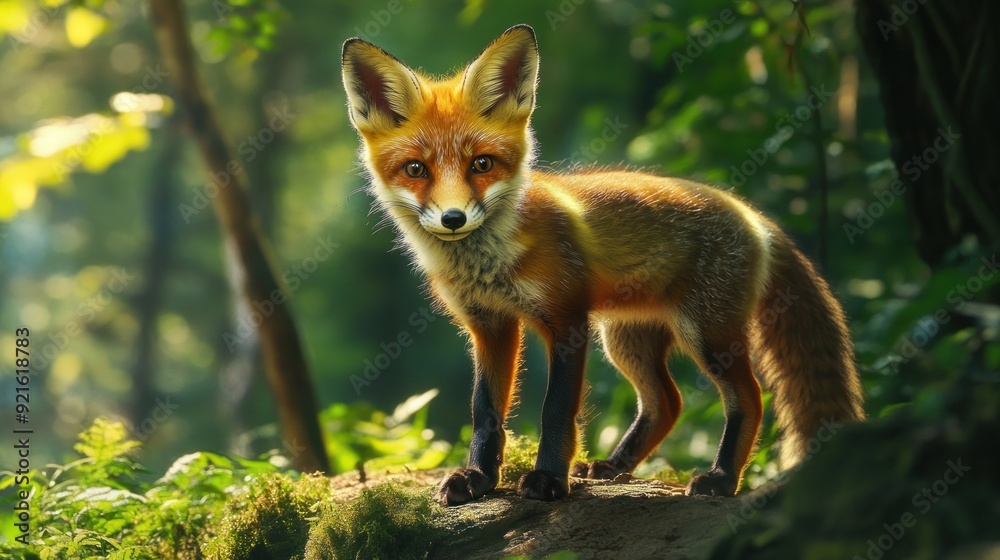 Red Fox Standing on a Log in a Forest Red Fox Standing on a Log in a Forest