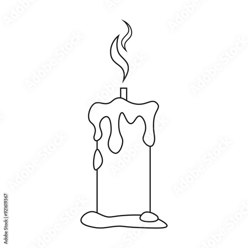 Spooky Unlit Candle with Melting Wax Outline Line Art, Halloween Graphics. Easy Coloring Book Page for Kids.