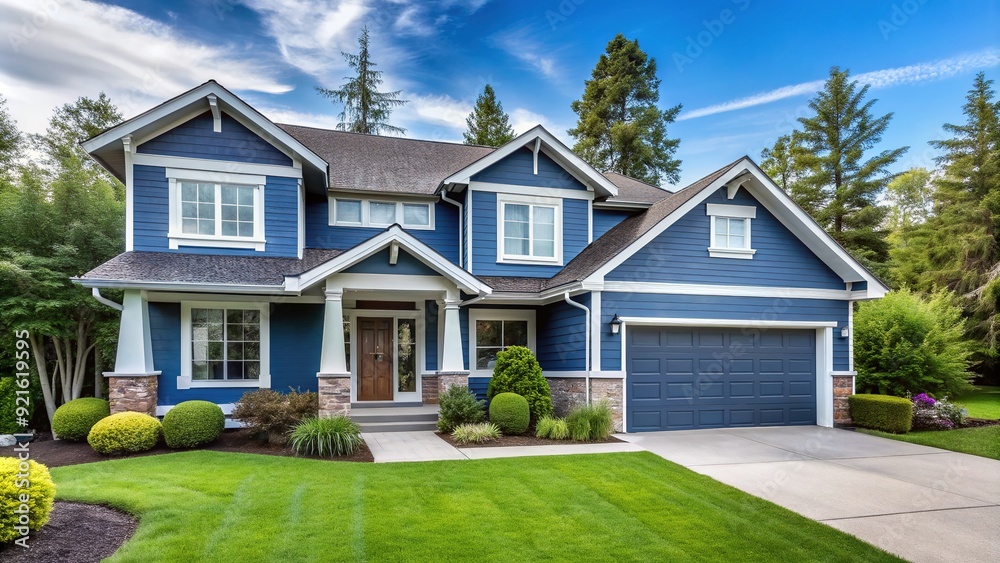 A freshly painted modern suburban house with a bright blue exterior, trimmed with crisp white accents, and surrounded by a lush green lawn. A freshly painted modern suburban house with a bright blue exterior, trimmed with crisp white accents, and surrounded by a lush green lawn.