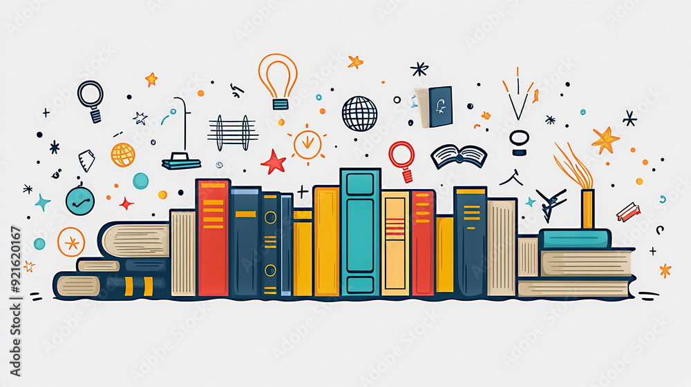 Vector illustration of a stack of books with educational symbols, representing knowledge and learning, ideal for school promotions. Vector illustration of a stack of books with educational symbols, representing knowledge and learning, ideal for school promotions.