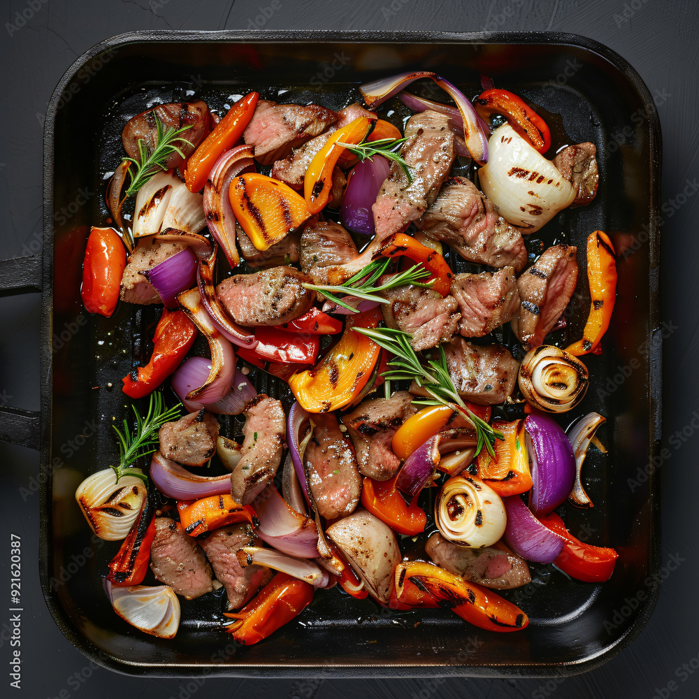 Meat and vegetables roasted on grill pan Meat and vegetables roasted on grill pan