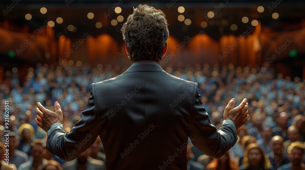 Fototapeta premium Speaker addressing a large audience in a well-lit auditorium during a conference
