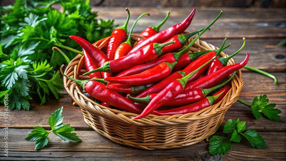 Vibrant red Thai chili peppers with glossy sheen sit in a wicker basket atop a rustic wooden table, surrounded by lush green fresh cilantro leaves. Vibrant red Thai chili peppers with glossy sheen sit in a wicker basket atop a rustic wooden table, surrounded by lush green fresh cilantro leaves.