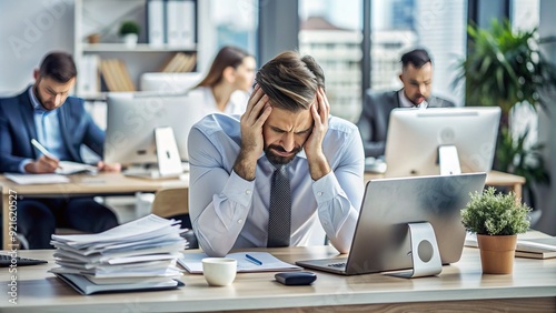 Frustrated professional sitting at desk, surrounded by papers and computers, holding head in hands, overwhelmed by workload and deadlines in a busy office environment.