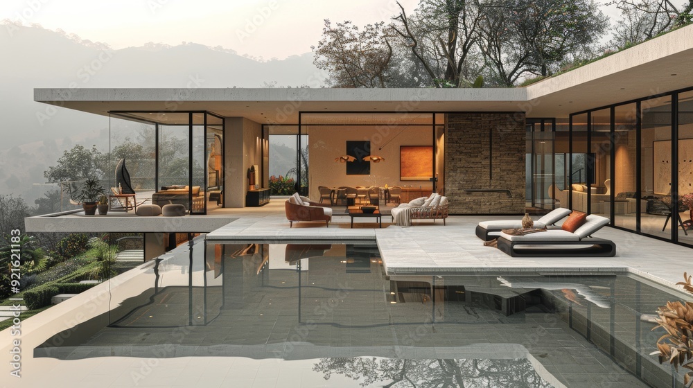 Fototapeta premium Modern villa with panoramic views surrounded by nature at sunset