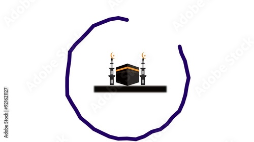 makkha animation in circle with white color background,Ramadan Kareem, holy month for Muslim,Muslim father and son praying or performing Salah while sitting on Prayer rug and touching head	 photo