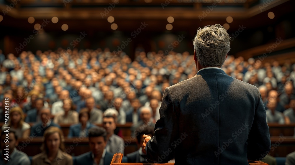 Speaker addressing a large audience in a formal venue during an evening presentation Speaker addressing a large audience in a formal venue during an evening presentation