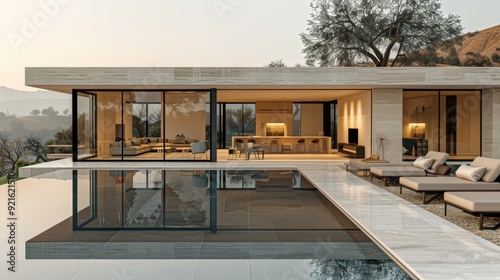 Modern home with large glass windows overlooking a serene landscape at sunset