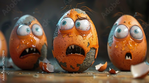 Three cartoon eggs with googly eyes and cracked shells look terrified.  They are covered in dirt and grime.  The middle egg has a big open mouth showing sharp teeth.