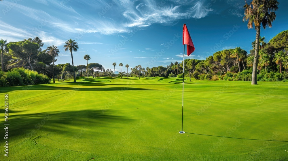 Obraz premium Golf course, green and a red flag on the center golf hole.