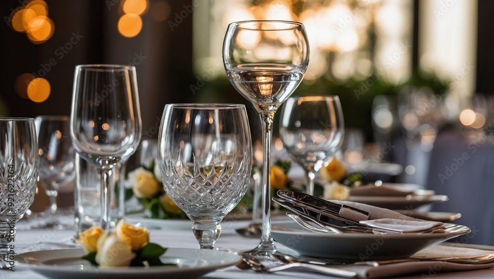 Elegant table set up for a romantic dinner. Concept of catering, hospitality and private dining. Selective focus on the glassware